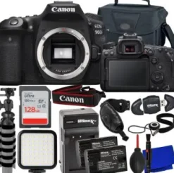 New Canon EOS 90D DSLR Camera (Body Only) with Must Have Accessory Bundle: SanDisk 128GB Ultra SDXC, 2x Replacement Batteries with Travel Charger & Much More (19pc Bundle)