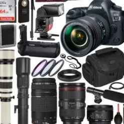 Online Canon EOS 5D Mark IV with 24-105mm f/4L II USM - 1483C010, EF 50mm f/1.8 STM - 0570C002, and EF 75-300mm f/4-5.6 II Telephoto - 6472A002, 5 Lens Professional Lens Bundle