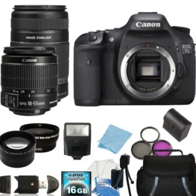 Hot Canon EOS 7D SLR Digital Camera with 18-55mm f/3.5-5.6 IS II Lens & 55-250mm f/4-5.6 IS II Lens Accessory Bundle