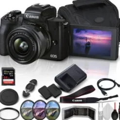 New Canon EOS M50 Mark II Mirrorless Digital Camera With 15-45mm Lens (Black) + SanDisk Extreme PRO 64GB Memory Card + Extended Life Spare Battery + Case + 3PC Filter Set + HDMI Cable + More (18pc Bundle)