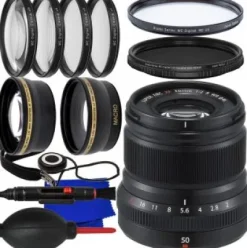 Clearance Fujifilm XF 50mm f/2 R WR Lens (Black) + 0.43x Wide-Angle Lens Attachment with Detachable Macro, Variable Neutral Density Filter (ND2-ND400), 2.2X Telephoto Lens Attachment & More (17pc Bundle)