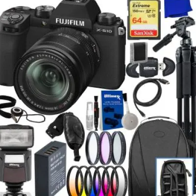 Clearance Fujifilm X-S10 Mirrorless Camera with 18-55mm Lens + SanDisk 64GB Extreme SDXC, Extended Life Replacement Battery, Filter Kits, Universal Speedlite with LED Video Light & Much More (31pc Bundle)