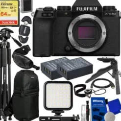 Best Fuji FILM X-S10 Mirrorless Camera (Body Only) + SanDisk 64GB Extreme SDXC, 2X Extended Life Replacement Batteries, Sling Backpack, Ultra Bright LED Light with Bracket & Much More (23pc Bundle)
