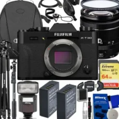 New Fujifilm X-T30 II Mirrorless Camera with 18-55mm Lens (Black) + SanDisk 64GB Extreme SDXC, 2x Spare Batteries, Multi-Coated UV Filter, Universal Speedlite with LED Video Light & Much More(27pc Bundle)