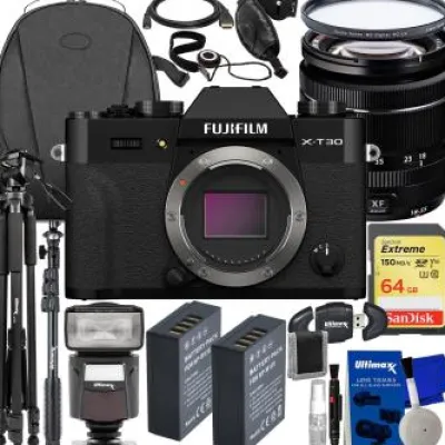 New Fujifilm X-T30 II Mirrorless Camera with 18-55mm Lens (Black) + SanDisk 64GB Extreme SDXC, 2x Spare Batteries, Multi-Coated UV Filter, Universal Speedlite with LED Video Light & Much More(27pc Bundle)