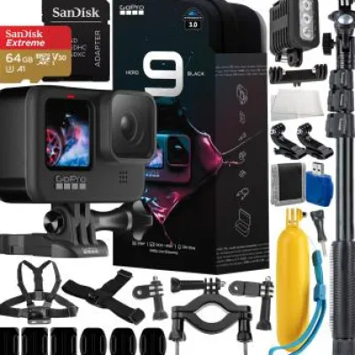 Fashion GoPro HERO9 (Hero 9) Action Camera (Black) with Water Sports Accessory Bundle - Includes: SanDisk Extreme 64GB microSDXC Memory Card, Underwater LED Light, 48" Selfie Stick / Monopod, & MUCH MORE