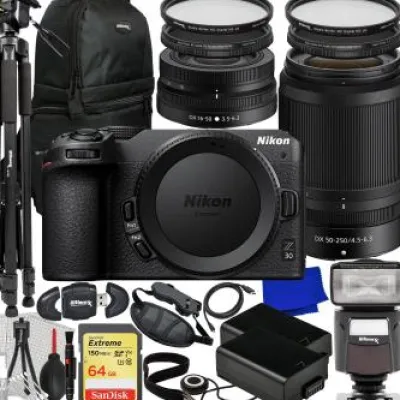 Discount Nikon Z30 Mirrorless Camera with 16-50mm & 50-250mm Lenses + SanDisk 64GB Extreme SDXC, Universal Speedlite, 60†Tripod, 2x Batteries, Sling Backpack & Much More (33pc Bundle)