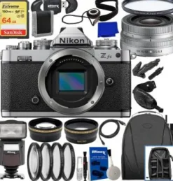 Fashion Nikon Zfc Mirrorless Camera with 16-50mm Lens (Silver)+ SanDisk 64GB Extreme SDXC Memory Card, Universal Speedlite with LED Light, 0.43x Wide-Angle Lens Attachment w/Detachable Macro & Much More(29pc Bundle)