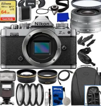 Fashion Nikon Zfc Mirrorless Camera with 16-50mm Lens (Silver)+ SanDisk 64GB Extreme SDXC Memory Card, Universal Speedlite with LED Light, 0.43x Wide-Angle Lens Attachment w/Detachable Macro & Much More(29pc Bundle)