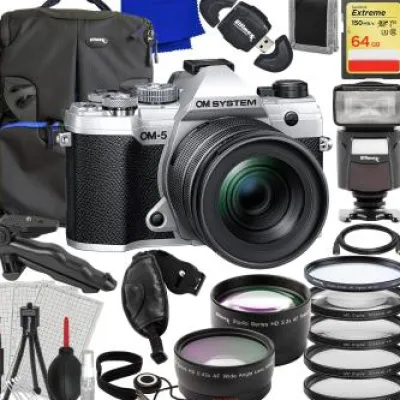 New Ultimaxx Olympus OM-5 Camera with 12-45mm Lens Bundle (Silver) - Includes: 64GB Extreme SDXC, 0.43x Wide-Angle Lens Attachment, Universal Speedlite & Much More (31pc Bundle)