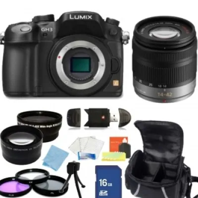 Hot Panasonic Lumix DMC GH3 16.05 MP Digital camera Black with G Vario 14 42mm f/3.5 5.6 Asph. / MEGA O.I.S. Lens + Accessory Bundle