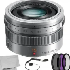 Clearance Panasonic LUMIX G Leica DG Summilux 15mm f/1.7 ASPH. Lens (Silver) with 5 Piece Essentials Accessory Bundle