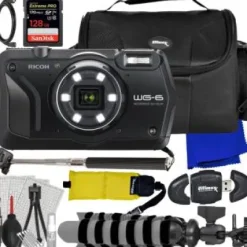 Hot Ricoh WG-6 Digital Camera (Black) + SanDisk 128GB Extreme Pro SDXC, Selfie-Stick, Water-Resistant Gadget Bag, â€œGripsterâ€ Tripod & More (21pc Bundle)