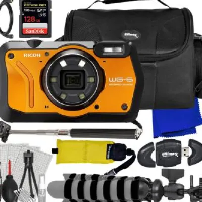 Online Ricoh WG-6 Digital Camera (Orange) + SanDisk 128GB Extreme Pro SDXC, Selfie-Stick, Water-Resistant Gadget Bag, “Gripster†Tripod & More (21pc Bundle)