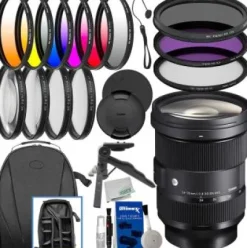 Fashion Sigma 24-70mm f/2.8 DG DN Art Lens for Sony E with Deluxe Accessory Bundle: 6PC Gradual Color Filter Kit, 3PC Professional UV Filter Kit, Water Resistant Backpack, Tabletop Tripod & Much More