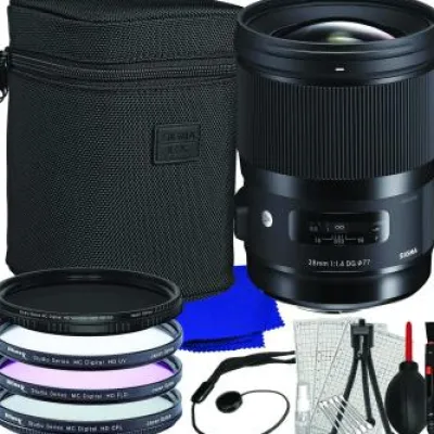 Sale Sigma 28mm f/1.4 DG HSM Art Lens for Canon EF + Multi-Coated 3PC UV Filter Kit, Variable Neutral Density Filter (ND2-ND400) & More (17pc Bundle)