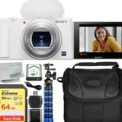 Discount Sony ZV-1 Digital Camera (White) With Starter Vlogging Kit. Includes: 64GB Extreme Memory Card, Wind Screen, Wind Screen Adapter, NP-BX1/M8 Rechargeable Lithium-Ion Battery (3.6V, 1240mAh), 12â€ Gripster Tripod, & More.