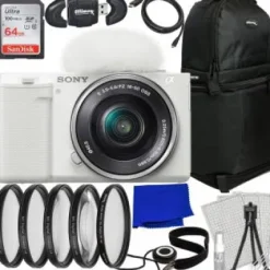 Fashion Sony ZV-E10 Mirrorless Camera with 16-50mm Lens (White) + Essential Accessory Bundle: SanDisk 64GB Ultra SDXC, 4PC Macro Close-Up Filter Kit & More (24pc Bundle)