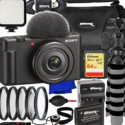 Discount Sony ZV-1F Camera Bundle (Black) - Includes: 64GB Extreme Memory Card, 4PC Macro Close-Up Filter Kit, Replacement Battery + Travel Charger & More (21pc Bundle)