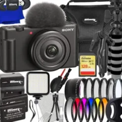 Fashion Sony ZV-1F Camera Bundle (Black) - Includes: 128GB Extreme Memory Card, 2x Replacement Batteries, 6PC Gradual Color Filter Kit, LED Light Kit & Much More (34pc Bundle)