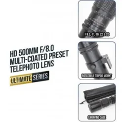 Online Ultimaxx 500mm/1000mm f/8 Preset Telephoto Lens Kit for Canon EOS 80D,77D,70D,60D,60Da,50D,7D,7D II,6D,6D II,5D Mark II,III,IV,5DS,1DS,T7i,T7s,T7,T6s,T6i,T6,T5i,T5,T4i,SL2 & SL1 Digital SLR Cameras